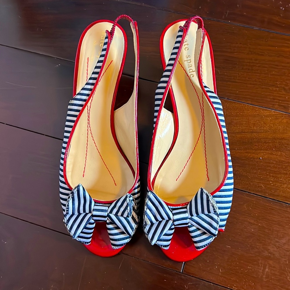 Striped (black/white with red accents) Kate Spade slingback kitten heels